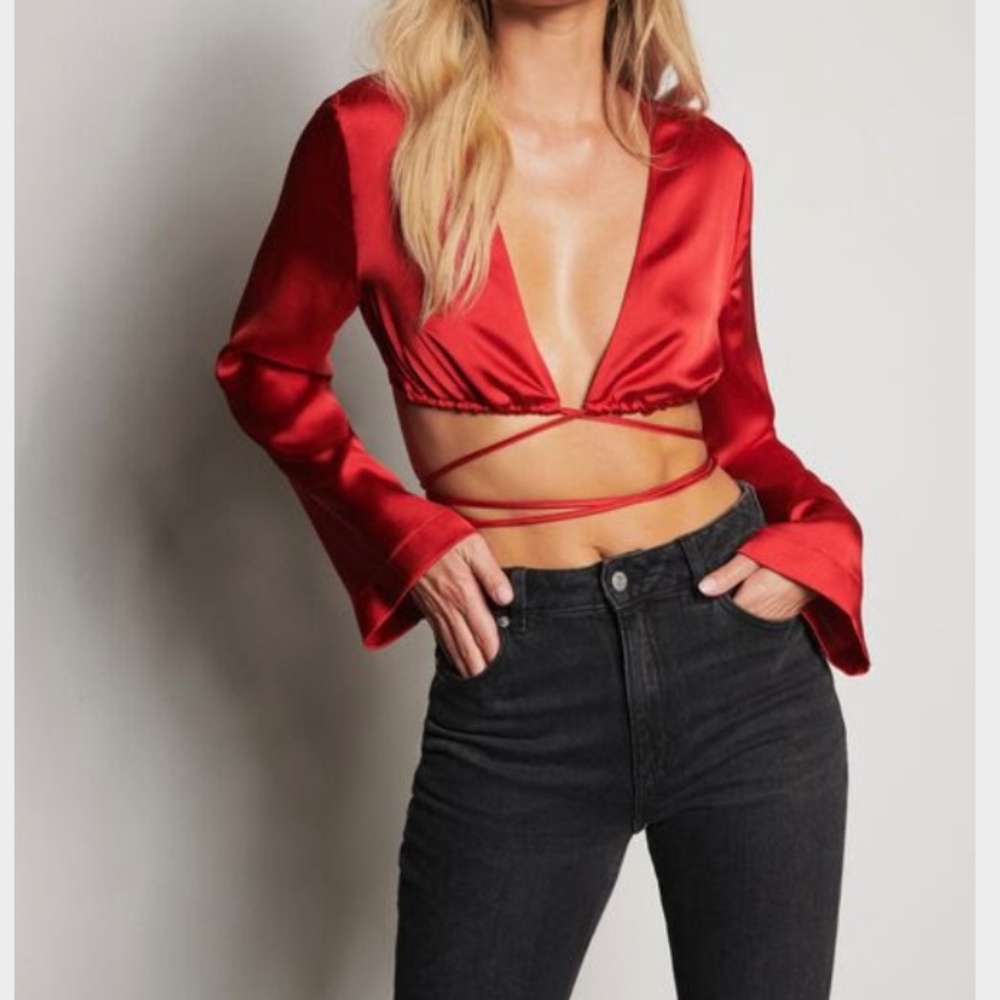 DYNAMITE Callie Wrap Satin cropped blouse